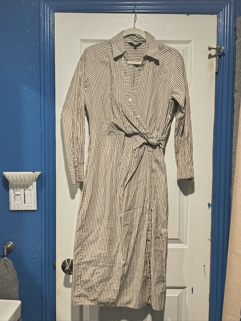 Veronica Beard Striped Asymmetric Tie Waist Midi Shirtdress Tan White Size 8